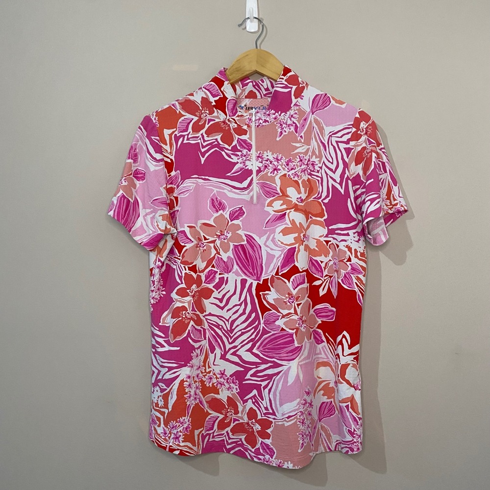 IBKUL Womens Pink Floral Zebra Print IceFil Quarter Zip Sun Shirt Large UPF 50+